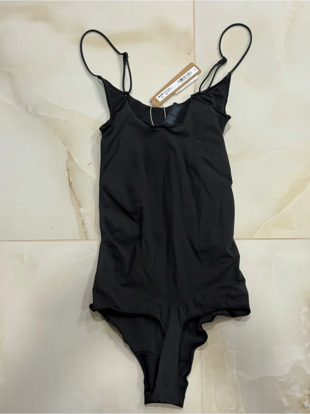 SKIMS Black Satin-Look Slip Bodysuit with Adjustable Straps